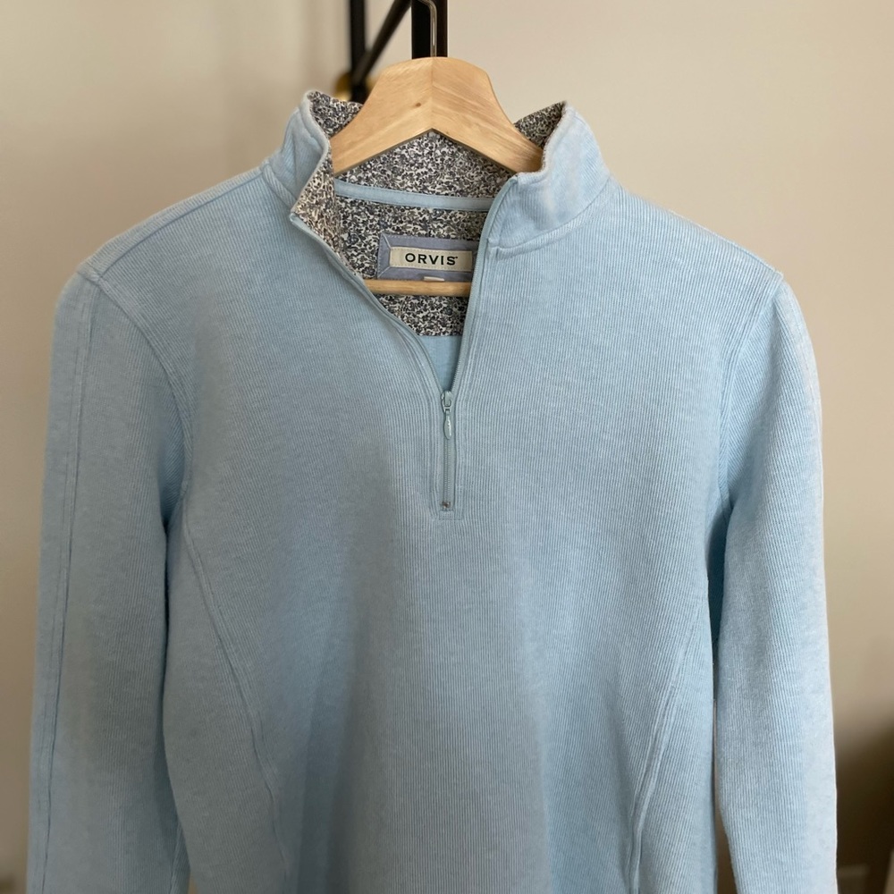 SOLD Orvis Womens Pullover Sweater | Sz M | Blue Floral Trim/Long Sleeve 1/4 Zip